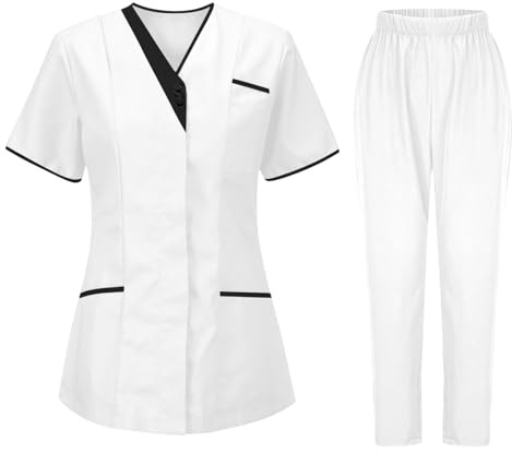 Soldes 2025 Tunique Médicale Femme Col en V Manche Courte Ensemble Haut Et Pantalons + Blouse Medicale Uniforme De Travail Blouse Tenue Infirmiere Professionnelle Vêtements de Travail et Uniformes