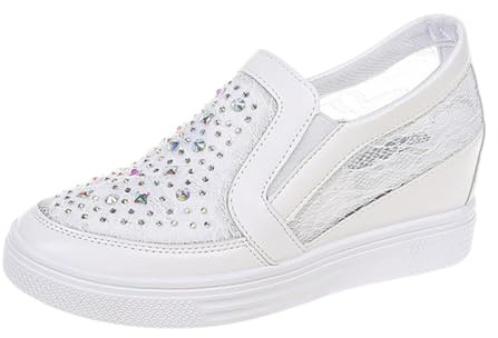 Women's Platform Shoes Slip on Wedge Sneakers Lace Rhinestone Mesh Loafers Comfortable Breathable Walking Shoes Lightweight Wedges White