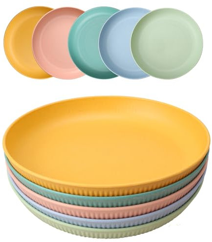 HQCM 5 Stück Wiederverwendbar Camping Teller, 23cm Großer Kompakter Hartplastik Teller​Tiefe Speiseteller Unzerbrechlich Picknickteller Set Mikrowelle Spülmaschinenfest für Party Zuhause Reise, Bunte