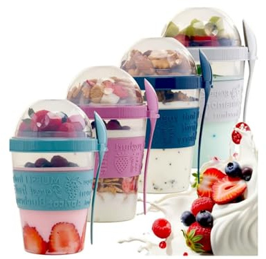Overnight Oats Jar, Overnight Oats Container, Reusable Yogurt Pots Set of 4 With Lids, Yoghurt Pots with Spoon, 20 Oz 600ml Yoghurt Container, Dishwasher Safe (Blue & Purple & White & Ocean Blue)