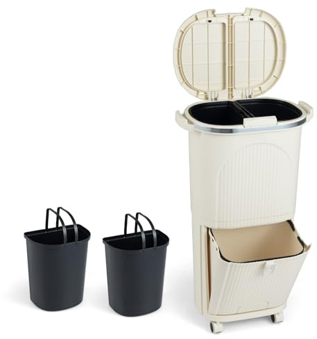 COSTWAY Mülleimer Küche, Mülltrennsystem 3 Fächer, 2 x 12L Inneneimer & 14L Treteimer, Abfalleimer mit Rollen, Doppeldeckel, Pedal & Haken, Tretmülleimer Abfallsammler für Küche, Bad, Büro (Beige)
