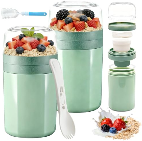 agctrler 2 bicchieri per cereali da andare con cucchiaio, design a 3 strati, per yogurt, per bambini, 520 ml + 250 ml, con spazzola per la pulizia, tazza per la colazione con contenitore per salse