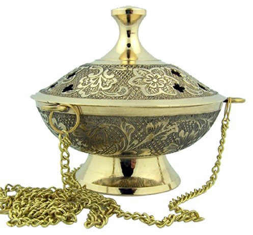 Religious Gifts - Quemador de Incienso de carbón, Tono Dorado sobre latón, incensario Colgante con Cadena