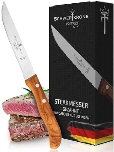 Schwertkrone Solingen Coltello da Bistecca in Legno d'Ulivo - Lama Seghettato - Coltello da Tavola - Elegante coltello multiuso per carne, pizza, ecc.