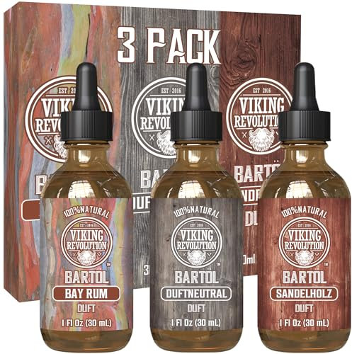 Huile Barbe Homme Conditionneur (Lot de 3) - Rhum de Baie, Sans Parfum & Bois de Santal - Revitalisant & Hydratant pour une Barbe Saine Viking Revolution
