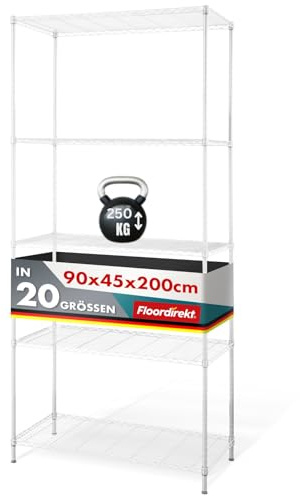 Scaffale con Ripiani a griglia Rocky | in Metallo | Portata Circa 50 kg per ripiano | Sistema di superfici d’appoggio Multifunzionale (90 x 45 x 200 cm, Colore Bianco)