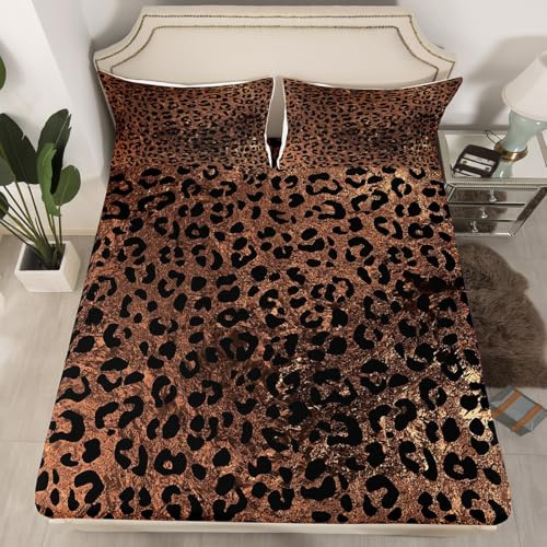Snake Skin Fitted Sheet for Girls Boys Children Snake Skin Texture Bedding Set Africa Wild Animal Sheet Sets Room Decor Brown Gold Black Wildlife Bed Cover No Flat Sheet Full Size 3Pcs