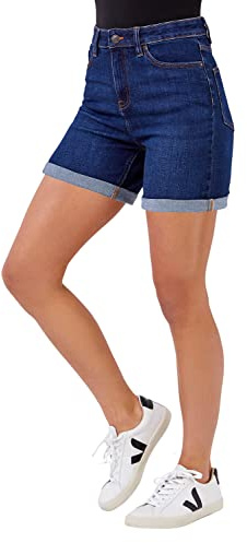 Roman Denim Shorts with Pockets for Women UK Ladies Mom Jeans Boyfriend Boy High Waisted Turned Frayed Hem Stretchy Cotton Casual Slim Skinny Pants Mother Holiday - Deep Indigo - Size 14