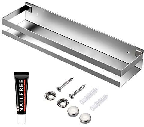 Rustproof Metal Storage Floating Shelf Wall Mounted Rectangular Shelf Bedroom, Bathroom, Living Room, Kitchen and Laundry Room, Nail Free Floating Shelf Wall Mounted Storage Shelf (40cm Silver)