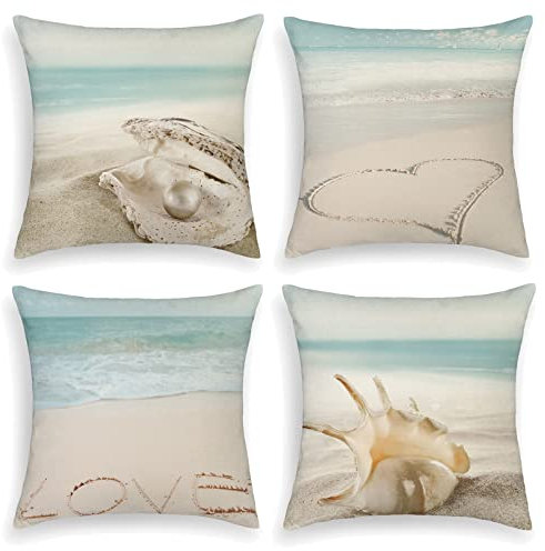 OCEUMACO Leinen Kissenbezug 40x40 Strand Muster Kissenhülle 4er Set Quadratisch Sofakissen Dekokissen Bezug für Couch Sofa Sommer Meer Kissen Kissenbezüge Outdoor Deko Zierkissen Couchkissen