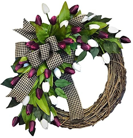 F Fityle Spring Wreath Decorative Door Wreaths 35cm Artificial Flowers Door Wreath Door Flowers Hanging Wreath All Year Round with Ribbon Bow for Wedding Farmhouse Door Summer Decoration