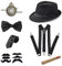 20er Jahre Accessoires Herren, Mafia Kostüm Herren, Peaky Blinders Kostüm, Gangster Kostüm Herren mit Panama Gangster Hut Verstellbar Hosenträger Taschenuhr Fliege Krawatten Bärte für Karneval Partys