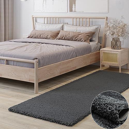 MY-RUG Teppich Shaggy Star Hochflor rechteckig dunkelgrau 250 x 80 cm - Schlafzimmer Teppich, Flauschig, Modern