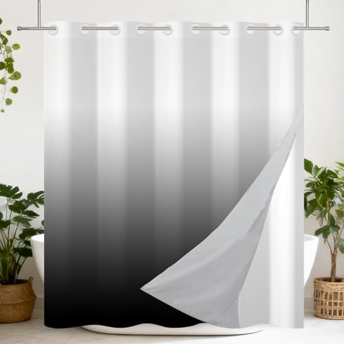 Ttincceer No Hook Shower Curtain Black Bathroom Curtain Ombre Paled to Black Modern Double Layer Shower Curtain with Snap in Liner Waterproof Bathtub Curtain 180x188cm
