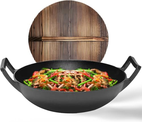 GrillX Wokpfanne Gusseisen - Mit Holzdeckel - Ø 36cm - Gusseisen Wadjan - BBQ & Induktionspfanne