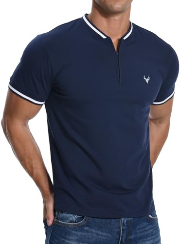 PCEAIIH Men's Henley T-Shirt Summer Zip Stand Neck Short Sleeve Tennis Golf Casual Cotton Top Deer Head Embroidery