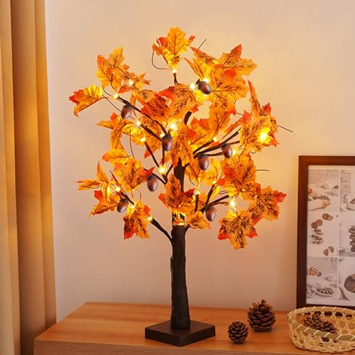 Ahorn mit Obst Herbstdeko LED Baum mit Warmweißer LEDs Licht, USB Bonsai Lichterbaum Innen Batteriebetrieben Herbst Dekoration LED Baum für Herbst Deko Halloween Weihnachtsparty Indoor (Ahorn + Obst)