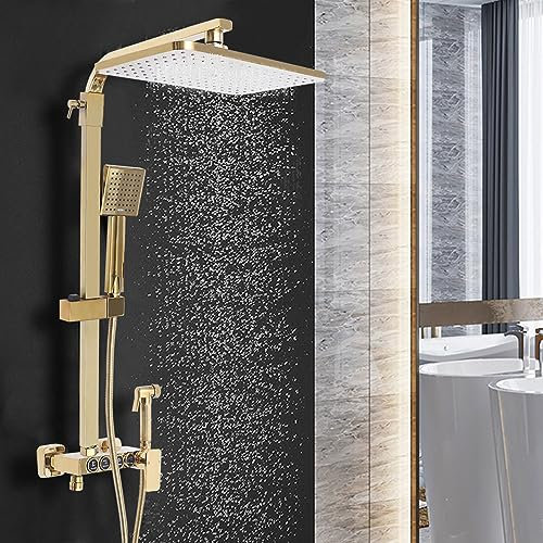 Guld regndusch set handdusch duschset duschsystem badrum duscharmatur rostfritt stål huvuddusch system väggmontering duschmunstycke dusch set justerbar 4 funktioner vattenutlopp 150 cm duschslang