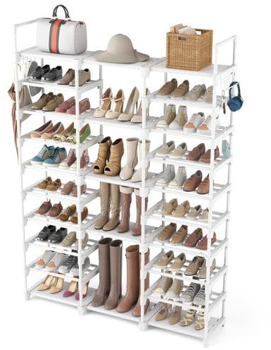 Vicye Scarpiera a 10 Livelli, Scarpiera Fai Da Te in Metallo, 54-62 Paia di Scarpe, A Risparmio di Spazio, Grande con Ganci per Ingresso Soggiorno Camera da Letto, Bianco