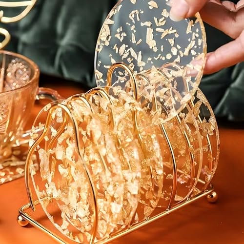 Durdiiy 6Pcs Coasters for Drinks, Round 9.5 cm Transparent Gold Foil Mugs, Drink Pads Mats Non Slip Washable Coffee Beer Mug Wine Glass Home and Bar Birthday Gifts (golden)