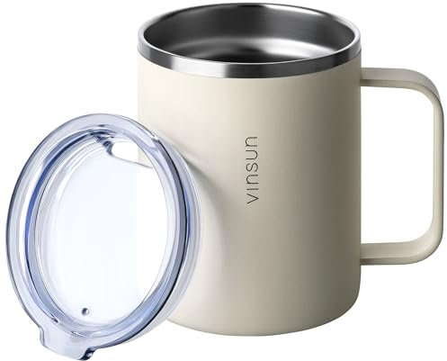 VINSUN Taza Térmica con Asa 350ml - Acero Inoxidable, Reutilizable, Tapa Transparente con Apertura para Beber, Sin BPA - Termo Café para Llevar, Camping, Escuela, Oficina