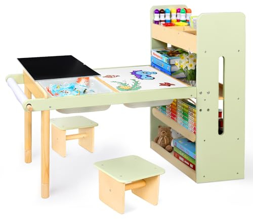 LOL-FUN Kindertisch mit 2 Stühle für Alter 3-8, Kinder Schreibtisch und Stühle Set mit Aufbewahrungsboxen & Regale, Sensorische Kunst Tisch mit Tafel Whiteboard