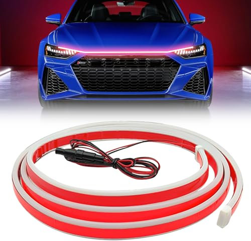 Auto Tagfahrlicht LED, 2025 Neuestes12V Wasserdicht Universal Car Hood Light Strip, 180CM Auto Streifen Licht Dynamischer Scan Start Up Hoodbeam Kit für Autos (Rot)