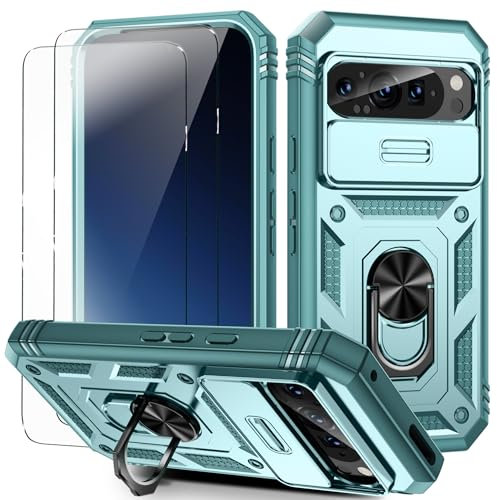 for Pixel 9/9 Pro Case with Camera Cover Slider, 2*Screen Protectors,Build in 360°Rotating Ring Kickstand, Military Grade Protective Case for Google Pixel 9/9 Pro 6.3-Green