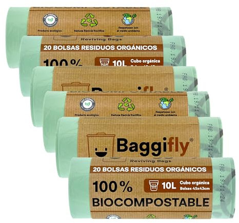 Baggifly, Bolsas de Basura Biodegradables 10L, 120 Bolsas Basura Compostables, ECO Friendly, Cubos Pequeños y Residuos Orgánicos, Pack 6 x 20, Fabricado en España