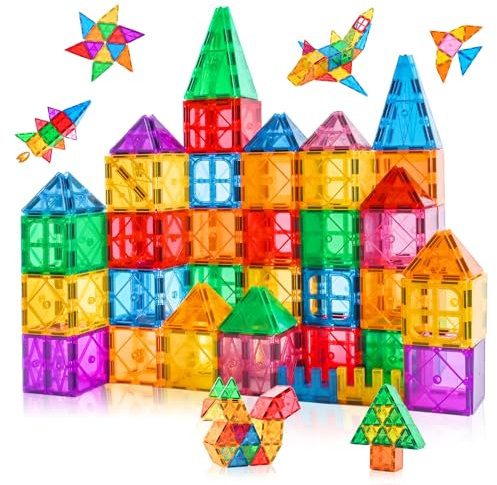 Katiago Magnetische Bausteine, 64 Teile Magnet Bausteine Spielzeug Kinder 3D Farbenfrohe Starterset Magnetische Bauklötze mit 1 Auto für Kinder ab 3 4 5 6 Jahre Geburtstag Geschenk