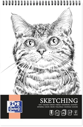 Oxford Artistic Cuaderno de bocetos A3 Gato, 50 hojas, bloc de dibujo con espiral, libro de bocetos, bloque de arte de 90 g/m² de papel libre de ácido, cuaderno de dibujo con contraportada estable