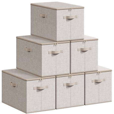 SONGMICS Scatole Portaoggetti con Coperchio, Contenitori Pieghevoli con Maniglie, Organizzatori per Vestiti, Set di 6, 50 x 30 x 30 cm, Tessuto non Tessuto, Beige Sabbia RZB050LZ05