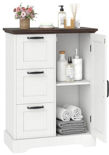 Multigot Farmhouse Floor Cabinet with Barn Door (White) | Freestanding Bathroom Storage Organizer with 3 Drawers, Wooden Accent Cupboard for Living Room Entryway Bathroom