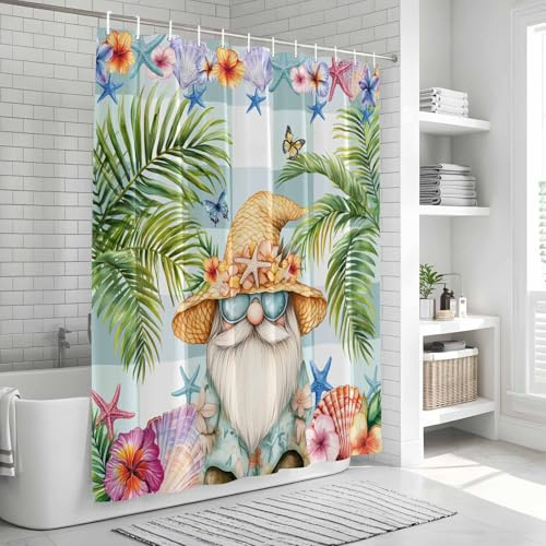 ZRNLTDGHK Tropical Dwarf Palm Tree Shower Curtain with Rustproof Grommets Waterproof Bathroom Curtain 48x72in, Gnomes Sea Star on Green Plaid Shower Curtains Hotel Luxury Quality