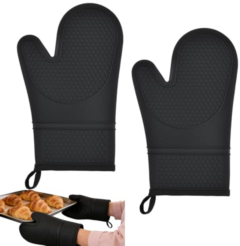 Set di 2 Guanti da Forno Silicone Professionale, Presine Cucina Resistenti e Antiscivolo per Arrostire, Cuocere, Grigliare, Cuocere al Forno