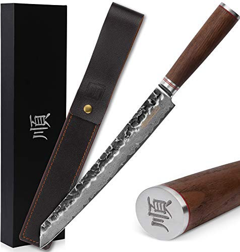 YOUSUNLONG Coltello Max Sujihiki Coltello da intaglio giapponese da 11 pollici Coltello da intaglio in acciaio damasco Design ergonomico Manico in Walnt con pelle con confezione regalo