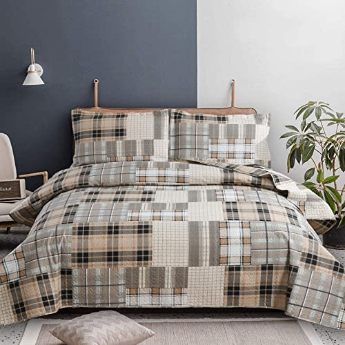 Plaid Bedding Quilt Set King Lightweight Patchwork Bedspread Breathable Microfiber Geometric Coverlet Brown Grey Buffalo Check Bed Cover Classic Plaid Quilts