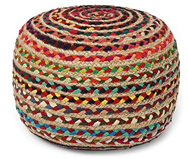 REDEARTH · Round Pouf Ottoman - Braided Boho Poof Home Décor Pouffe Accent Sitting Circular Foot Rest for Living Room, Bedroom, Nursery, Kidsroom, Lounge; Jute and Cotton (19.5X19.5X14; Multi)
