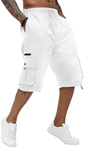 CTU Mens Cargo Long Shorts Cotton Elastic Waist Capri Knee Length Pants Multi Pockets Casual Baggy Combat Trousers White, M