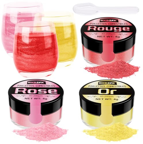 HXDZFX Paillettes Comestibles - 3 Couleurs Paillette Alimentaire Gâteaux, Paillettes Alimentaires Boissons, Gâteaux, Chocolats, Muffins, Vodka, Cocktail, Crème (4g par Bouteille)