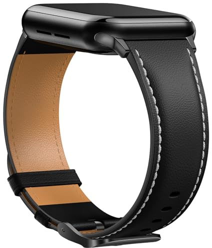 Laffav Lederarmband Kompatibel mit Apple Watch Armband 44mm 46mm 45mm 42mm 49mm Damen Herren, Echtes Leder Klassisches Ersatzarmband für iWatch Series 11 10 9 8 7 6 5 4 3 2 1 SE 3 2 Ultra,Schwarz