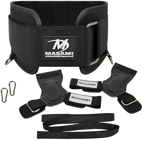 Masami Athletics 2-in-1 Weight Lifting Belt with Gloves - Self-Locking Weightlifting & Dip Set Belt with Rope & Gloves - Multi-Functional Belt for Lifting, Squats, Dips