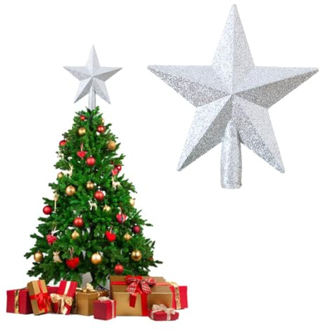 BUKCYUE Julgransspets, julgransspets i stjärnform, julgransprydnad av plast, glitter, trädstjärna, trädspets för semester, ornament eller heminredning, 20 cm (silver)