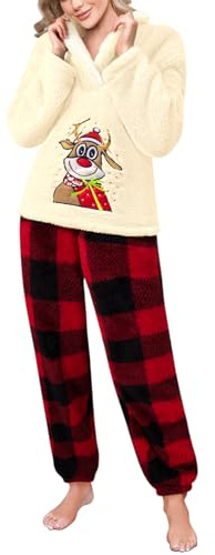 Tuopuda Pigiami Natalizi Pile Donna Lunghi Tuta Completa Invernale, Pigiama Felpato Pjs in Flanella Pullover Giacca con Pantaloni Maglione Top Homewear Regalo Donna Coppia Sleepwear, Beige, M