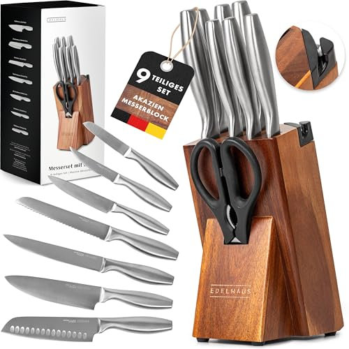 EDELHAUS Messerblock mit Messer - 9 Teiliges Profi Messerset mit Block & integriertem Messerschärfer, Küchenmesser Set aus X50CRMOV15 EDELSTAHL, Edelstahlgriffe Messer Set mit Schere, Akazienholzblock
