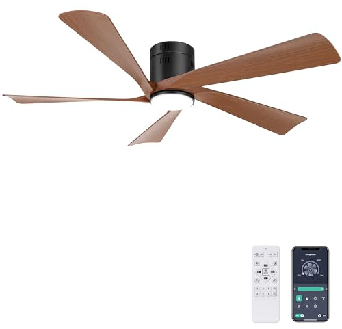 Ohniyou Ventilador de techo de 132 cm con luz, Mando a distancia y APP Control, Silencioso, Ventiladores de techo empotrables para interior y exterior, Luz regulable, 6 velocidades, Reversible, Nogal