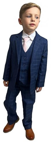 Vivaki Boys 5 Piece Navy Check Suit Boys Wedding Page Boy Party Prom Suit, 2 Years to 14 Years (UK, Age, 11 Years, Regular, Blue)