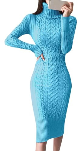 Robe en tricot olive pour femme - Robe moulante en tricot midi, bleu, S
