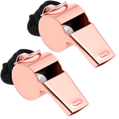 Qulkws 2 Pack Stainless Steel Rose Gold Whistle with Lanyard, Loud Crisp Sound Referee Coach Whistle Sports Whistles for Football Basketball Soccer School Referees Coaches Lifeguard Emergency