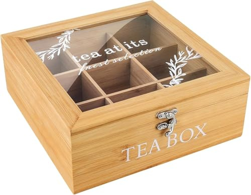 Pangutiandi Wooden Tea Storage Box, Tea Bag Holder Tea Box Organizer With Lid - 9 Compartments Tea Chest Container for Kitchen Countertops, Cabinets, Pantry
